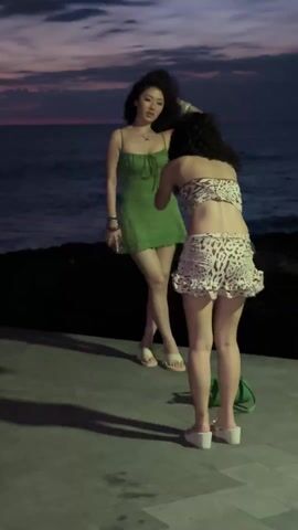 Two young women are standing near the ocean at twilight. One woman wears a short green dress and sandals, and she is holding a smartphone. The other woman wears a strapless top and short skirt with a beige and brown animal print pattern, and she also wears white wedge sandals. The woman in the animal print outfit appears to be taking a picture of the woman in the green dress with her smartphone. Behind them, the ocean is visible, with a dark rocky shore in the foreground. The sky is a gradient of pink, purple and dark blue. A green handbag is on the ground near the woman taking the picture.