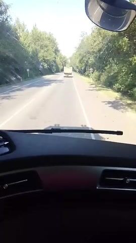 The video is a first-person perspective from inside a vehicle, looking out the windshield at a road. The road is paved and has two lanes in the direction of travel. There are white lane markings. On either side of the road are trees and vegetation. In the distance, another vehicle, possibly a truck, is visible on the road. The sky is bright and appears to be daytime. Part of the vehicle's dashboard is visible in the foreground, including a windshield wiper.