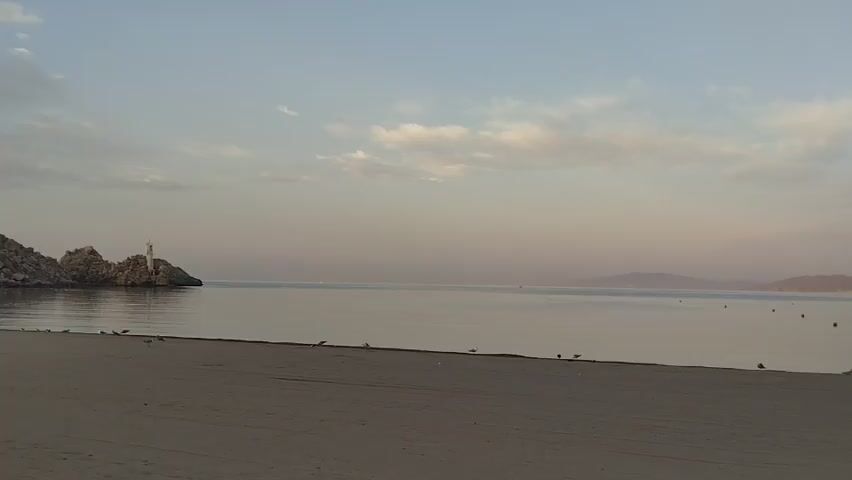 The video shows a beach scene with the ocean and a distant coastline. In the foreground is a sandy beach with a few seagulls. The water is calm and reflects the sky, which is a pale blue with scattered clouds. In the distance, there are rocky islands with a lighthouse on one, and a town with buildings and a hill or mountain behind it. A sailboat is visible in the water. The lighting suggests it is either sunrise or sunset.