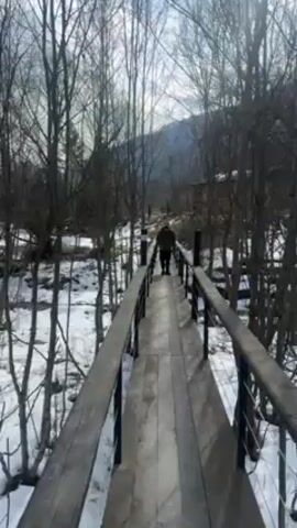 A man walks towards the camera across a wooden bridge with metal railings. The bridge spans a small stream in a wooded area. Patches of snow are visible on the ground. The trees are bare, suggesting it is late winter or early spring. In the background, a hill and a small building are partially obscured by the trees. The sky is overcast and the lighting is somewhat dim. The man is wearing a dark jacket, dark pants, and a red beanie. He walks at a casual pace.