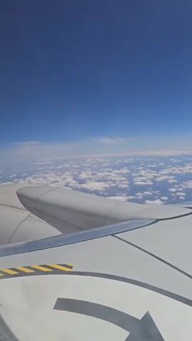 This video shows an aerial view from an airplane window. The foreground is dominated by the wing of the aircraft, which is grey with some markings. Beyond the wing, a vast expanse of white, fluffy clouds stretches across the horizon, beneath a clear, deep blue sky. The perspective is looking out and slightly downwards, revealing the layered effect of the atmosphere with the clouds forming a textured carpet below the plane. The lighting suggests it is daytime, possibly mid-morning or afternoon, with the sun illuminating the clouds from above.