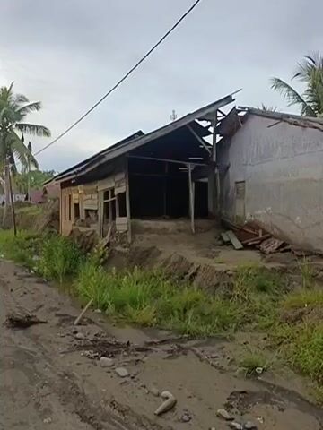 The video shows a damaged building with a partially collapsed roof and walls. The structure appears to be made of concrete and wood. There is debris scattered around the building, including pieces of roofing material and wood. The ground around the building is covered in dirt and vegetation. The sky is overcast, and palm trees are visible in the background. The scene suggests that the building may have been damaged by a natural disaster, such as an earthquake or a storm.