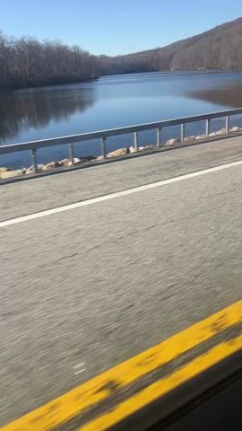 The video, recorded from inside a moving vehicle, shows a scenic view of a lake or river on a bright, sunny day. The camera is positioned near the bottom of a window, capturing a portion of the road surface with a yellow line. A gray metal guardrail separates the road from the body of water. On the far side of the water, a forest of bare trees lines the horizon. Another vehicle passes in the opposite direction on the road at one point. The video is stable, focusing primarily on the view from the window.