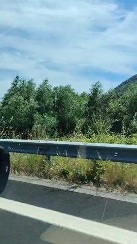 The video appears to be a first-person perspective from inside a vehicle, traveling along a road. On the right side of the frame, there is a guardrail, beyond which is a grassy embankment with various green foliage, including trees and bushes. In the distance, a tall metal tower is visible against a blue sky with scattered clouds. A road sign indicating a curve to the left is also visible on the right. The camera seems to be moving, suggesting the vehicle is in motion. The lighting indicates it is daytime.