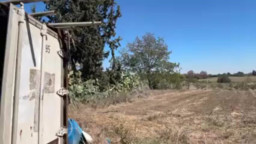 The camera pans right from the side of a weathered container with the number 95 painted on it to reveal a plowed field under a clear blue sky. Sparse trees and cacti dot the landscape. The field has parallel rows, indicating recent plowing. The vegetation appears dry and brown.
