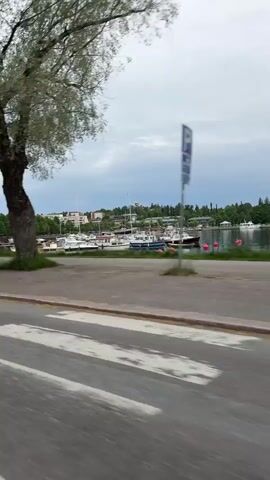 The video shows a side-angle view from a vehicle moving along a paved road. On the left side of the road, there is a body of water with numerous boats docked. A parking sign with blue and white markings is visible on the left side of the road, followed by several trees and a crosswalk. The sky above is cloudy.
