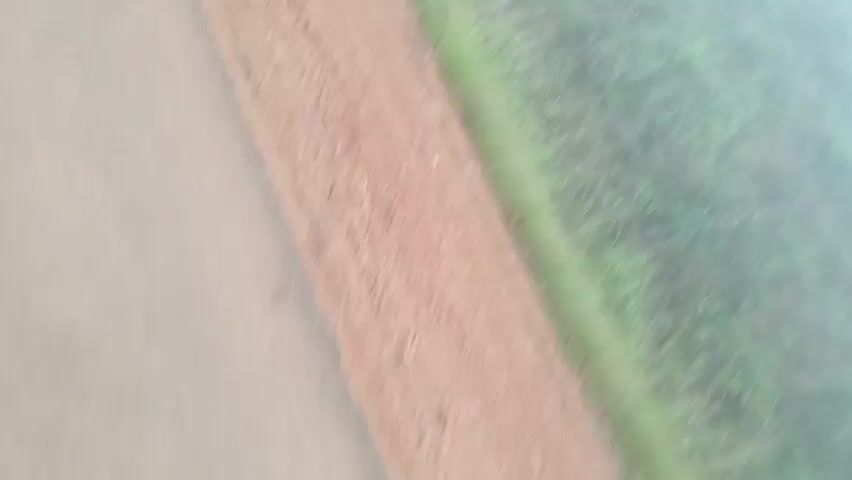 The video shows a blurry, ground-level perspective of a dirt road next to a grassy field. The scene is shrouded in fog, with visibility limited. The camera appears to be mounted low, possibly on a vehicle, as indicated by the partial view of a tire and fender in the third and fourth frames. The road is a reddish-brown color, and the field is green. The fog creates a diffused, ethereal atmosphere, obscuring distant details.