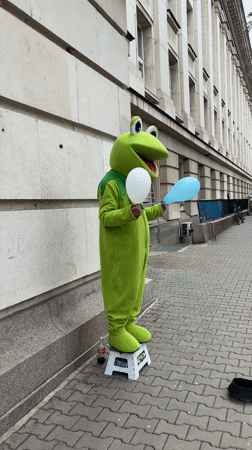 Kermit costume performer spotted with balloons in central Sofia