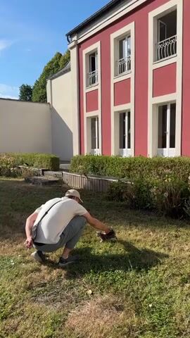 A person wearing a white t-shirt, grey pants, and a baseball cap is squatting on a patch of grass in front of a building with red walls and white trim. The person is reaching out to a small, grey and black tabby kitten that is on the grass. The kitten is looking towards the person and appears to be walking away. The background shows a garden area with bushes and trees, and the building continues into the distance. The sun is shining, casting shadows on the ground.