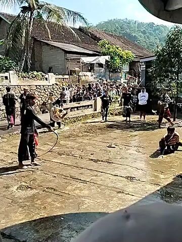 The video shows a cultural performance, possibly a traditional dance or martial art, taking place in what appears to be a village setting. Several performers, dressed in traditional attire, are engaged in dynamic movements on a wet paved area. A crowd of onlookers, including women in hijabs and other villagers, is gathered to watch the performance. Some individuals are recording the event with their phones, while others are simply observing. The scene is set against a backdrop of rural houses, a palm tree, and a distant hillside, indicating a sunny day in a rural community. The camera moves, showing the crowd from different angles and capturing the energy of the performance and the engagement of the spectators.