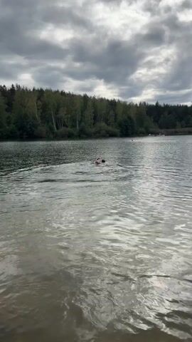 The video shows a person swimming in a lake. The person is in the middle of the lake, moving towards the right side of the frame. The water is choppy, and there are trees in the background. The sky is cloudy. The person appears to be swimming on their back.