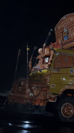 Decorated Pakistani cargo truck spotted at night in Balochistan