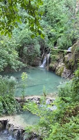 The video captures a serene natural scene of a cascading waterfall in a lush, green forest. The water, a vibrant turquoise color, flows over tiered rock formations, creating multiple small waterfalls that feed into a clear pool. Dense foliage, including trees and various plants, surrounds the waterfall, forming a verdant canopy that filters the sunlight. The overall atmosphere is peaceful and tranquil, evoking a sense of untouched wilderness. There are no people or man-made objects visible in the frame.