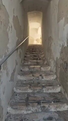 The video shows a first-person perspective of walking up a worn stone staircase inside a narrow passageway with an arched ceiling. The walls are rough and weathered, with areas of chipped plaster revealing the stone underneath. A metal handrail is attached to the left wall. Sunlight streams in from the top of the stairs, illuminating the top of the passageway. As the perspective moves up the stairs, a courtyard or outdoor area becomes visible through the arched opening, featuring a potted tree with a single trunk and a dark metal railing with decorative scrollwork. The ground at the top of the stairs is paved with stones.