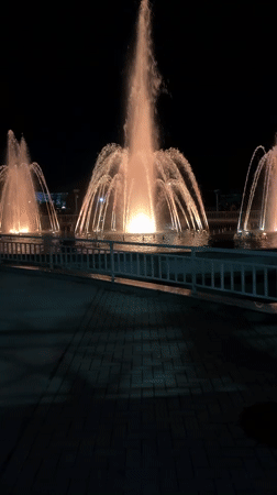Illuminated fountain show displays Bulgarian symbols in Panagyurishte