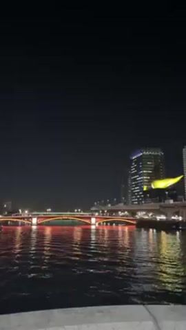 The video shows a nighttime cityscape with a river in the foreground. The water reflects the lights from buildings and a bridge. The bridge is illuminated with red and orange lights. In the background, there is a tall tower with green and white lights at the top, and buildings illuminated with blue and yellow lights.
