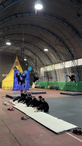 The video shows an indoor gymnasium with a curved ceiling and overhead lighting. In the foreground, a group of six young girls in black athletic wear are sitting on the floor, facing away from the camera, on a long white mat. They appear to be observing a performance happening in the background. Further back, several individuals, likely older children or young adults, are engaged in aerial acrobatics using ropes suspended from the ceiling. These performers are dressed in black and are shown in various inverted poses. To the left, a large yellow and blue draped structure is visible, possibly a backdrop or part of the circus-themed environment. In the middle ground, there are rows of green bleachers. The floor of the gymnasium is a reddish-brown color, with black mats placed in sections for training. The overall impression is of a training session or performance in an aerial arts studio or a circus school.
