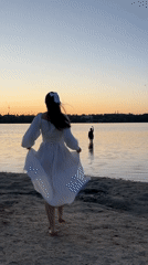 Dusk at a Ternopil lakeshore, crescent moon rising