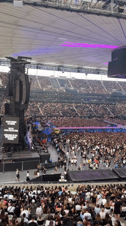 Stadium concert in Frankfurt with pyrotechnics and gold stage figure