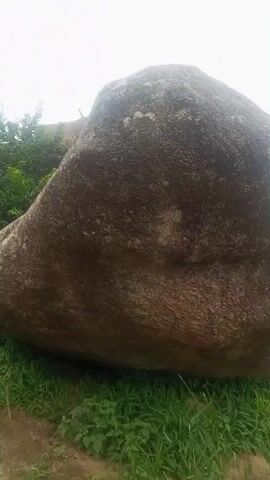 The video shows large boulders in a natural, outdoor environment. The boulders are brown and gray, with somelichen or moss growing on them. They are situated in an area with green grass and dirt. The sky is overcast. There are no people or animals visible in the video.