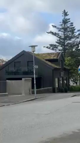 Here is a description of the video:

The video shows a black building with a grass roof, located on a street corner. The building is two stories high and has a small balcony on the second floor. There is a street lamp and a street sign in front of the building. A tall pine tree is visible behind the building. The sky is cloudy and the weather appears to be overcast. The street is paved and there are no cars or people visible in the video. The video is shot from a stationary position.