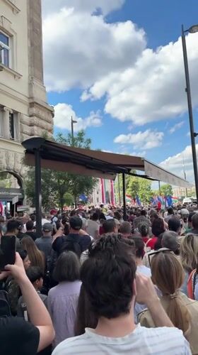 Large crowd demonstrates with flags in Budapest streets