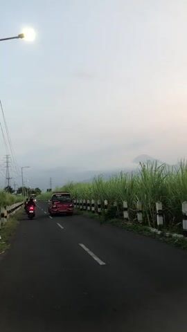 The video shows a road with tall green grass on the right side. There are black and white striped poles lining the road. A red truck is driving on the road, and there is a motorcycle in front of it. The sky is cloudy, and there is a mountain in the distance.