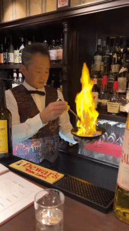 Osaka scenes: flaming cocktail preparation and plush toy browsing