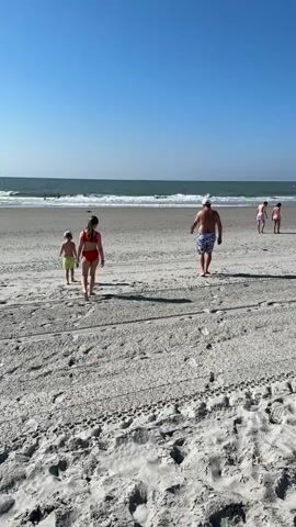 A video clip shows a sunny day at a beach in Myrtle Beach, USA. The sky is clear and blue, with a few white clouds visible on the horizon. The ocean is a deep blue, with gentle waves rolling onto the shore. The sand is light brown, with tire tracks and footprints imprinted on it, suggesting recent activity.

Several people are seen enjoying the beach. In the foreground, a young girl in a red bikini and a boy in green swim trunks are walking towards the ocean. Behind them, a man in patterned swim trunks and a white hat is also walking towards the water. Further in the distance, two more people are visible near the water's edge. The overall atmosphere appears relaxed and pleasant, indicative of a typical beach day. The time of day is likely midday, given the bright sunlight and clear skies. There is no visible text in the video clip.