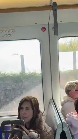 The camera is inside a train, focusing on a woman with long brown hair seated on the left. She is wearing a beige fluffy jacket and has a brown leather purse in her lap. To her right, another passenger with short blonde hair and glasses sits beside a child wearing pink. The train is moving, as evidenced by the passing scenery visible through the window. The sky is bright with some clouds, and there are glimpses of trees and a tall white structure outside. Above the woman's head is a train route map and a grey handle hanging from the ceiling.