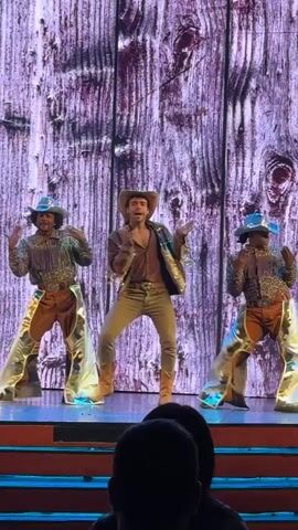 Three men in cowboy attire are performing on a stage. The man in the center wears a brown cowboy hat, a brown jacket over a dark shirt, tan pants, and brown boots. The two men on either side wear similar cowboy hats and vests, with prominent gold-colored chaps or boot covers over brown pants. They are all dancing and moving in sync, with the central performer appearing to sing or lip-sync into a microphone that is not visible.

Behind the performers is a large screen displaying a digital image of a rustic wooden wall with a purple hue, resembling barn wood. The stage floor is dark. In the foreground, the backs of several audience members are visible as dark silhouettes, indicating they are watching the performance. The overall scene suggests a lively stage show or concert.