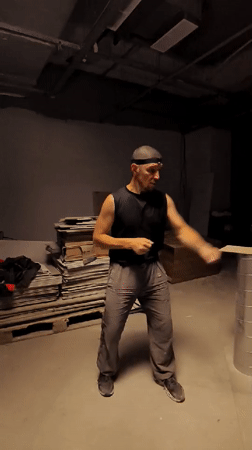 Solo martial arts and juggling practice in a Karaganda industrial space