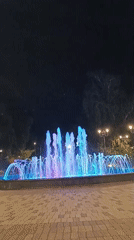 Sterlitamak's color-lit fountain draws an evening crowd