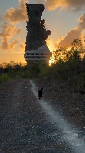 Dogs resting and roaming near a Balinese statue in Kuta Selatan