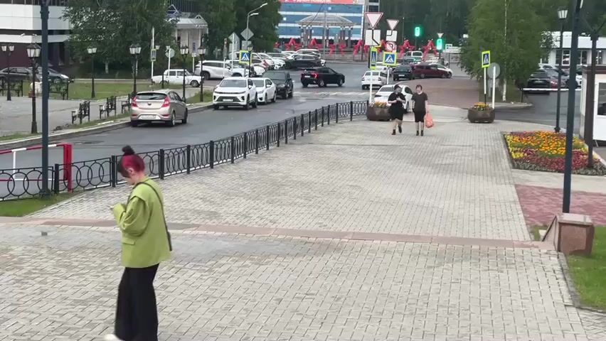 The video captures an outdoor scene on a cloudy day. In the foreground, a person with bright pink hair is walking and looking at their phone. They are wearing a green jacket and black pants. Further back, on a paved walkway, two individuals are walking together. One is wearing a black t-shirt and shorts, and the other is wearing a dark green t-shirt and dark shorts, carrying an orange bag. They are walking towards the right side of the frame. The background shows a street with several cars parked and driving. A black car is turning. Traffic lights are visible, and one is green. There is a pedestrian crossing marked with a yellow sign. A decorative flower bed with various colorful flowers is present on the right side of the walkway. Buildings and trees are also visible in the distance. A black metal fence lines the left side of the walkway, separating it from the street.