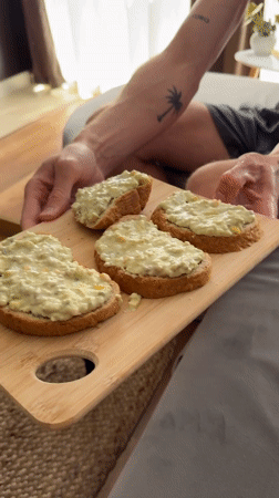 Man enjoys green toast spread breakfast in Sofia