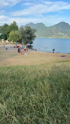 The video shows a picturesque lake scene with people enjoying a beach on a sunny day. In the foreground, tall green grass dominates the frame, creating a naturalistic, almost wild, aesthetic. As the camera pans slightly, a sandy beach comes into view, dotted with a diverse group of people. Some are sunbathing on towels, while others are standing or walking along the shoreline. A few individuals are in the water, swimming or wading. 

In the middle ground, a large body of blue water stretches out, with a few buoys marking a swimming area. Beyond the lake, a range of rolling green mountains form a scenic backdrop. The sky is a clear blue, with a few scattered white clouds. The overall impression is one of a tranquil and enjoyable summer day at the lake.