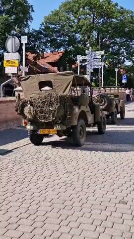 Two vintage olive drab military jeeps are parked side-by-side on a cobblestone street. The jeep in the foreground is viewed from the rear, revealing a spare tire mounted on the back and a green canvas cover over the rear seating area. The license plate on the rear of this jeep is visible, displaying "BOP 9N2". The second jeep, slightly behind and to the right, is also olive drab and equipped with a spare tire on its rear. A person wearing a blue shirt and jeans is seated in the driver's seat of the second jeep, looking forward. The jeeps are adorned with camouflage netting and what appear to be military-style bags and equipment. In the background, trees with lush green foliage line the street, and a building with a red-tiled roof is visible. Several street signs with multiple directional arrows are mounted on poles to the right of the jeeps. The sky is blue and clear.