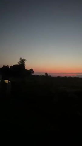This is a vertical video clip of a twilight sky over a dark landscape. The sky transitions from a deep blue at the top to a lighter blue and then a pale orange/pink band near the horizon. The horizon is silhouetted by trees and faint shapes of buildings or hills. The foreground is almost entirely black, obscuring any details of the ground or objects within it. The camera appears to be stationary.