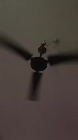 The video shows a ceiling fan with three dark blades spinning at a moderate speed. The fan is mounted on a white ceiling. The lighting is dim, casting shadows from the fan blades onto the ceiling. The camera angle is looking upwards at the fan. There are no people visible in the video.