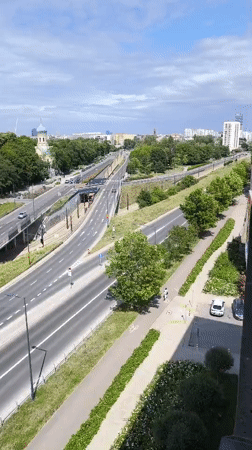 Aerial view of busy multi-lane road traffic in Warsaw