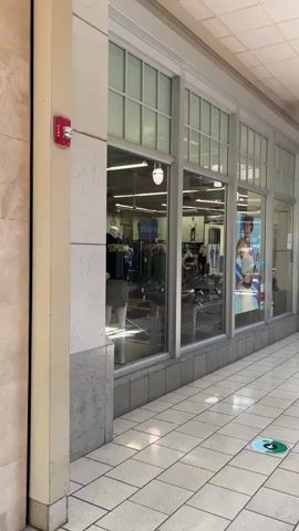 A person walks through a mall. The person is carrying a bag and is walking away from the camera. The mall has tiled floors and large windows. Sunlight streams in through skylights, casting shadows on the floor. Other shoppers are visible in the distance.