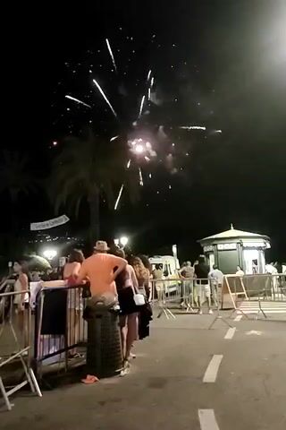 A nighttime fireworks display unfolds against a dark sky. In the foreground, a crowd of people stands behind a metal barrier, facing the sky. Several individuals, dressed in casual attire, are visible. One man in an orange shirt and a hat leans on the barrier. Behind the crowd, some trees and streetlights are illuminated. In the mid-ground, a green kiosk-like structure with white trim is situated on the right side of the frame. Various other people and some vehicles are present in the distance. The ground is paved with white lines marking a pathway. The fireworks burst in colorful explosions of light, primarily white, pink, and green, with trails of smoke dissipating into the darkness.