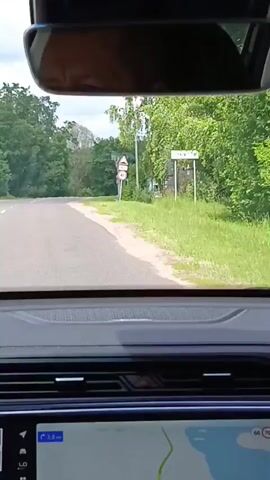 The video shows the interior of a car as it drives down a road. The driver's face is visible in the rearview mirror. The car's dashboard and GPS navigation system are also visible. The road is surrounded by trees and grass. There are houses visible in the distance. Traffic signs are also visible on the side of the road.