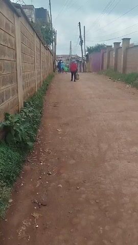The camera points down a dirt path. The path is bordered by a brick wall on the left and a fence with pillars on the right. Some weeds and grass grow along the borders. At the far end of the path, several people are walking away from the camera. They are wearing various colored clothing. A building is visible in the distance. Overhead, several power lines run along the path. The sky is overcast.