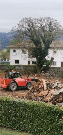 Construction work and rural horse scene captured simultaneously