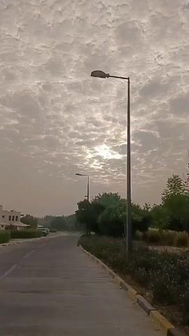 This video shows a street scene with a cloudy sky and the sun peeking through the clouds. A paved road runs along the left side of the frame, with a sidewalk and green foliage on the right. There are streetlights and some buildings in the distance. The sun is low in the sky, suggesting it might be early morning or late afternoon.