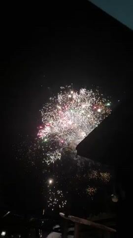 A vertical shot captures fireworks exploding in the night sky. The camera is positioned low, with a dark silhouette of a building or structure partially visible in the bottom right corner, suggesting an outdoor viewing of the fireworks. The fireworks display a variety of colors, including white, gold, and pink, bursting into intricate patterns against the dark backdrop. Some fireworks create a showering effect, while others form large, spherical explosions of light. The rapid succession of bursts fills the frame with light and color, illuminating the night. The video appears to be handheld, as there is some slight movement.