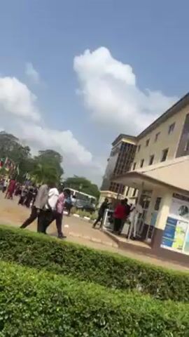 The video shows an outdoor scene with several buildings and people. In the first shot, a large, arched building with a silver roof is visible, with many flags displayed in front. A paved area leads to the building, and several people are walking around. There's a trimmed green hedge in the foreground. The next shot focuses on a yellow building with a white booth in front. People are standing and walking around the booth. The video returns to the first building and shows a slightly wider view of the scene. The sky is blue with some white clouds.