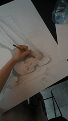 Artist draws detailed skull still life in pencil